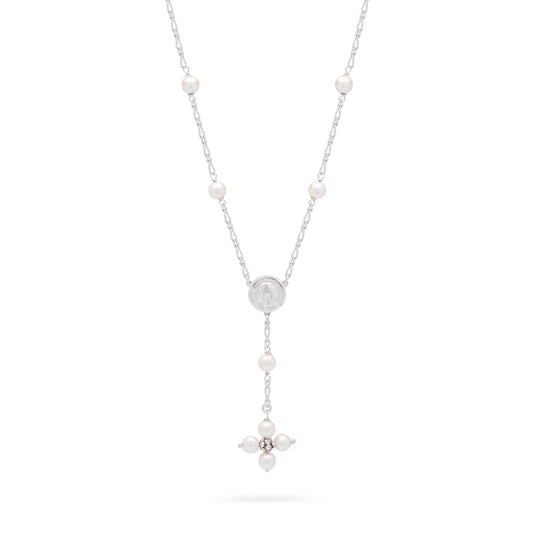 MONDO CATTOLICO ROMA Necklaces 28 cm (11.02 in) / 44 - 50 cm (17.32 - 19.69 in) / 6 mm (0.24 in) Sterling Silver Pope Leo XIV Necklace with White Pearl Beads