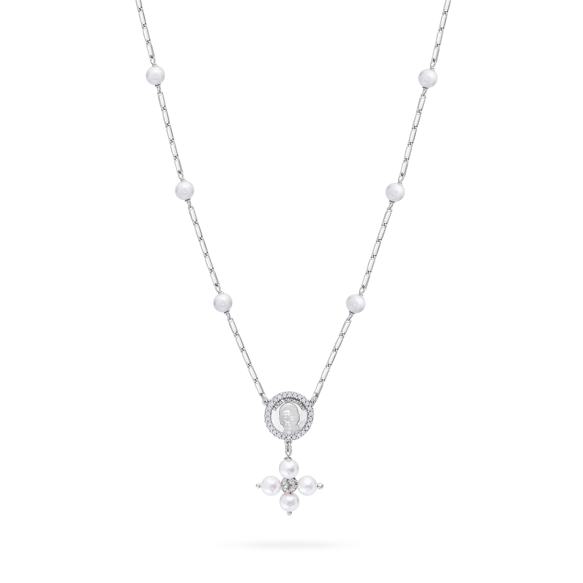 Mondo Cattolico Necklaces 28 cm (11.02 in) / 46 cm (18.11 in) / 6 mm (0.24 in) Sterling Silver Pope Leo XIV Necklace with White Pearl Beads and Rhinestone Centerpiece