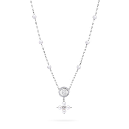 Mondo Cattolico Necklaces 28 cm (11.02 in) / 46 cm (18.11 in) / 6 mm (0.24 in) Sterling Silver Pope Leo XIV Necklace with White Pearl Beads and Rhinestone Centerpiece