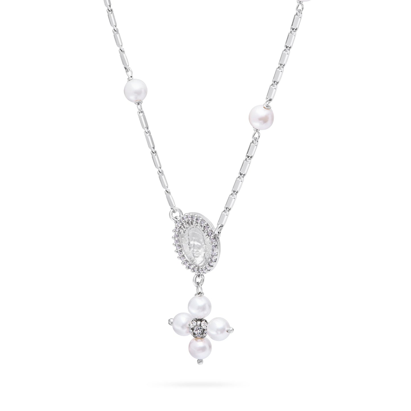 Mondo Cattolico Necklaces 28 cm (11.02 in) / 46 cm (18.11 in) / 6 mm (0.24 in) Sterling Silver Pope Leo XIV Necklace with White Pearl Beads and Rhinestone Centerpiece