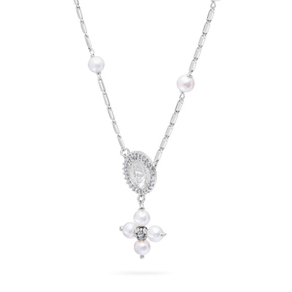 Mondo Cattolico Necklaces 28 cm (11.02 in) / 46 cm (18.11 in) / 6 mm (0.24 in) Sterling Silver Pope Leo XIV Necklace with White Pearl Beads and Rhinestone Centerpiece