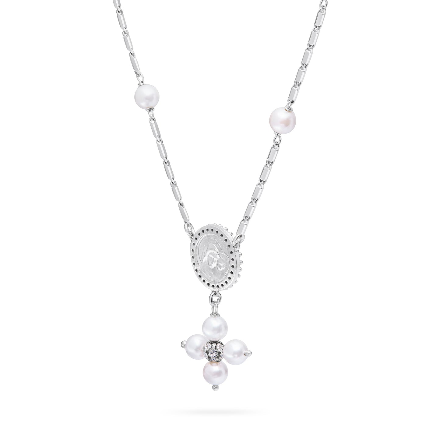 Mondo Cattolico Necklaces 28 cm (11.02 in) / 46 cm (18.11 in) / 6 mm (0.24 in) Sterling Silver Pope Leo XIV Necklace with White Pearl Beads and Rhinestone Centerpiece