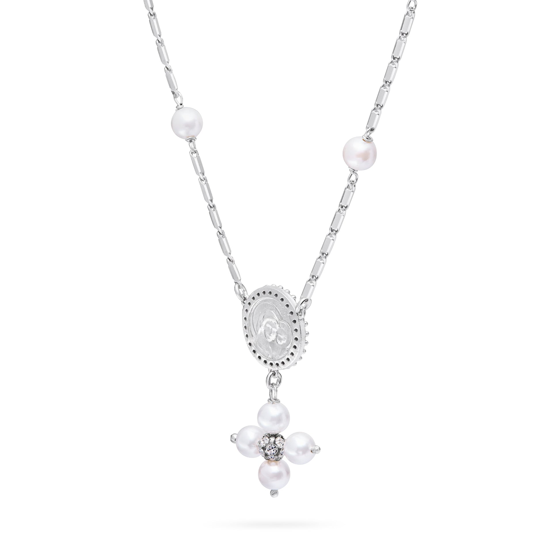 Mondo Cattolico Necklaces 28 cm (11.02 in) / 46 cm (18.11 in) / 6 mm (0.24 in) Sterling Silver Pope Leo XIV Necklace with White Pearl Beads and Rhinestone Centerpiece