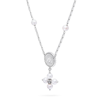 Mondo Cattolico Necklaces 28 cm (11.02 in) / 46 cm (18.11 in) / 6 mm (0.24 in) Sterling Silver Pope Leo XIV Necklace with White Pearl Beads and Rhinestone Centerpiece