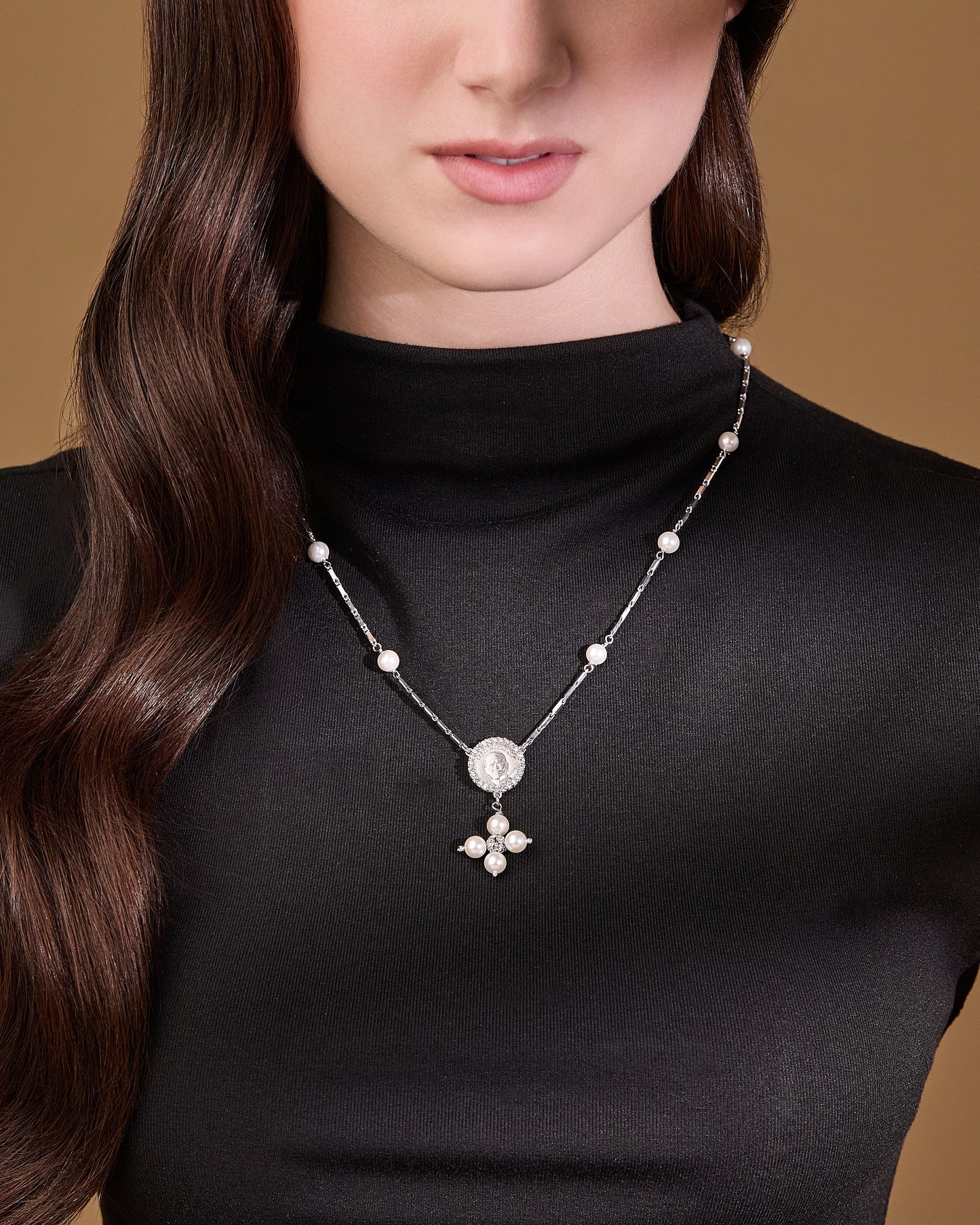 MONDO CATTOLICO ROMA Necklaces 28 cm (11.02 in) / 46 cm (18.11 in) / 6 mm (0.24 in) Sterling Silver Pope Leo XIV Necklace with White Pearl Beads and Rhinestone Centerpiece