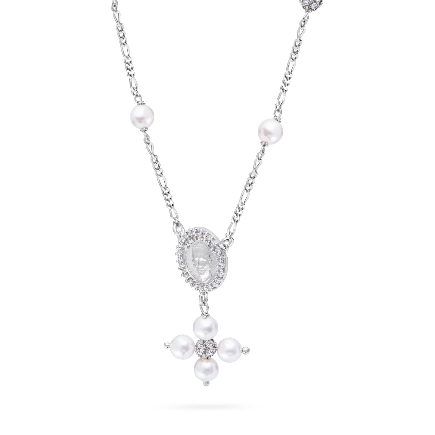 Mondo Cattolico Necklaces 28 cm (11.02 in) / 46 cm (18.11 in) / 6 mm (0.24 in) Sterling Silver Pope Leo XIV Necklace with White Pearls and Rhinestone Beads