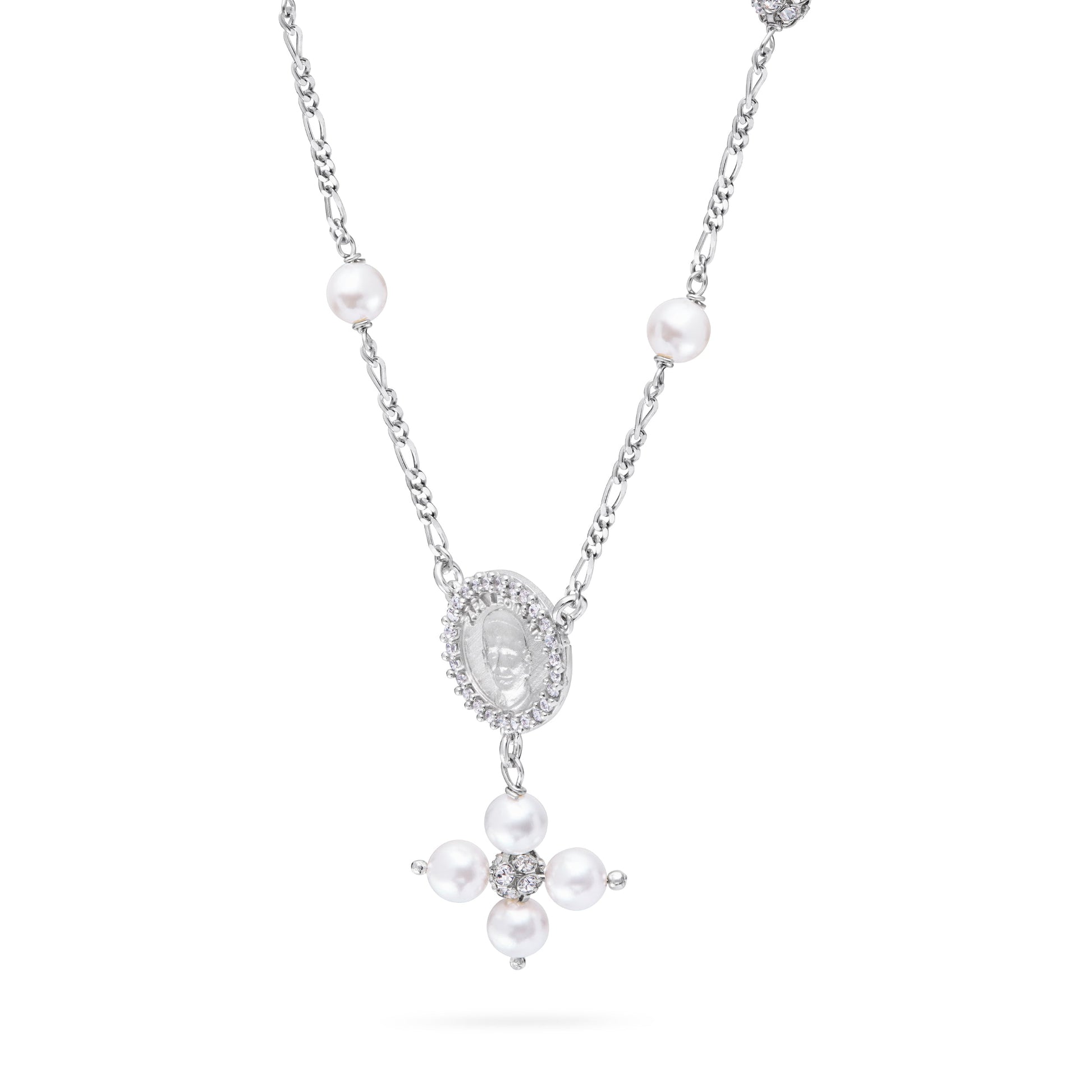 Mondo Cattolico Necklaces 28 cm (11.02 in) / 46 cm (18.11 in) / 6 mm (0.24 in) Sterling Silver Pope Leo XIV Necklace with White Pearls and Rhinestone Beads