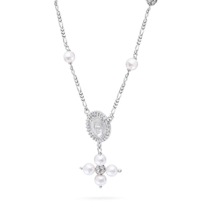 Mondo Cattolico Necklaces 28 cm (11.02 in) / 46 cm (18.11 in) / 6 mm (0.24 in) Sterling Silver Pope Leo XIV Necklace with White Pearls and Rhinestone Beads