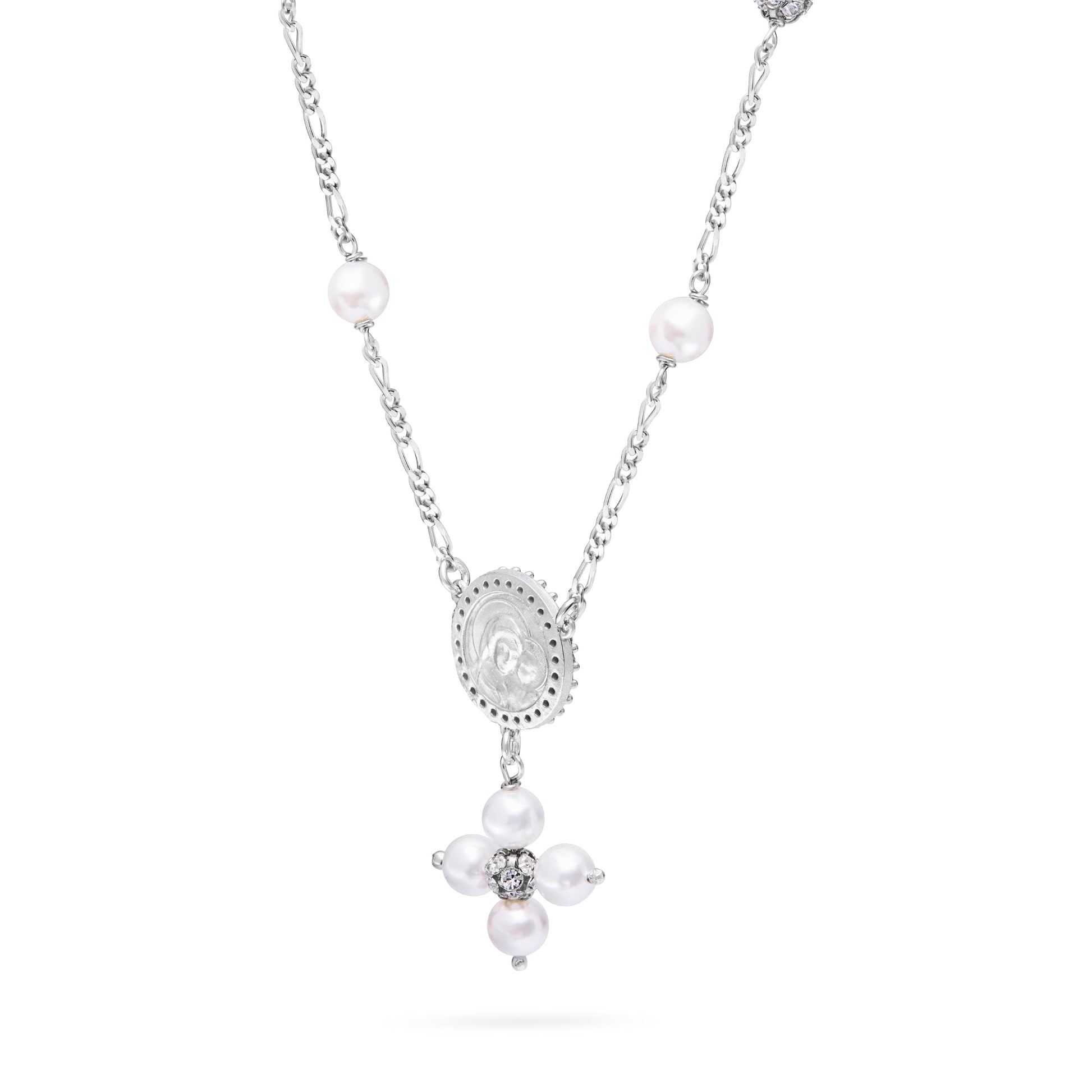 Mondo Cattolico Necklaces 28 cm (11.02 in) / 46 cm (18.11 in) / 6 mm (0.24 in) Sterling Silver Pope Leo XIV Necklace with White Pearls and Rhinestone Beads