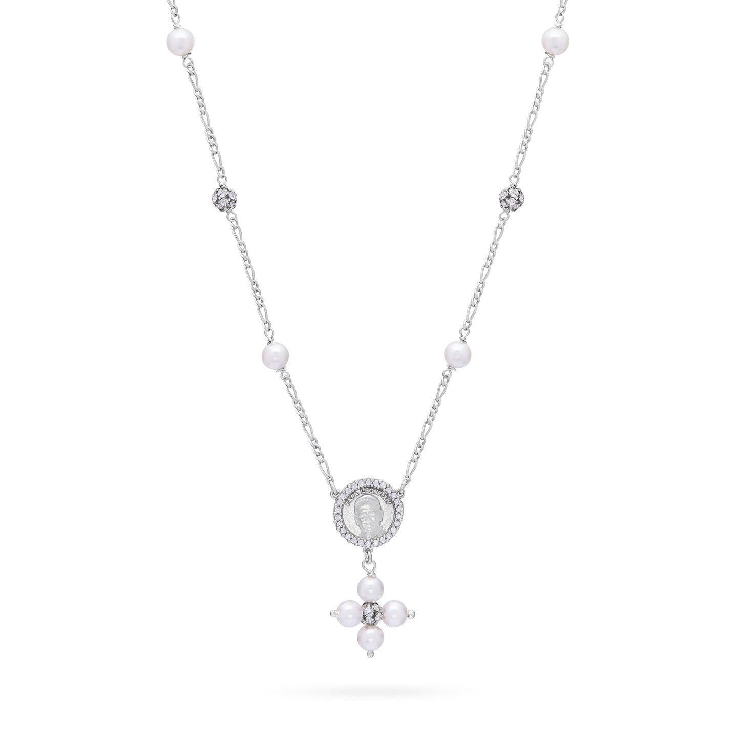 Mondo Cattolico Necklaces 28 cm (11.02 in) / 46 cm (18.11 in) / 6 mm (0.24 in) Sterling Silver Pope Leo XIV Necklace with White Pearls and Rhinestone Beads