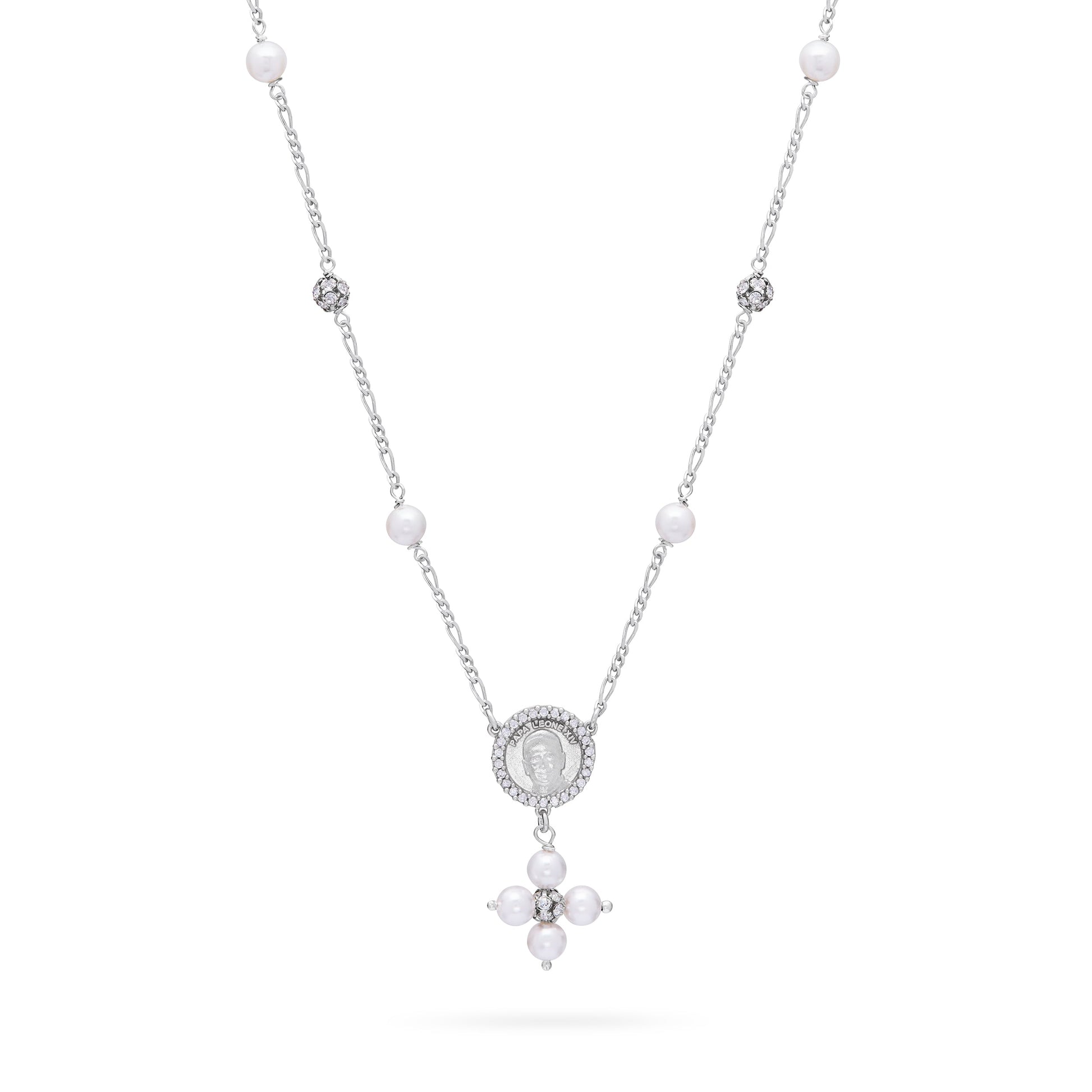 Mondo Cattolico Necklaces 28 cm (11.02 in) / 46 cm (18.11 in) / 6 mm (0.24 in) Sterling Silver Pope Leo XIV Necklace with White Pearls and Rhinestone Beads