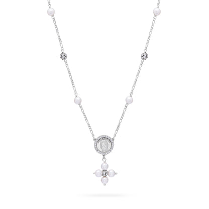 Mondo Cattolico Necklaces 28 cm (11.02 in) / 46 cm (18.11 in) / 6 mm (0.24 in) Sterling Silver Pope Leo XIV Necklace with White Pearls and Rhinestone Beads