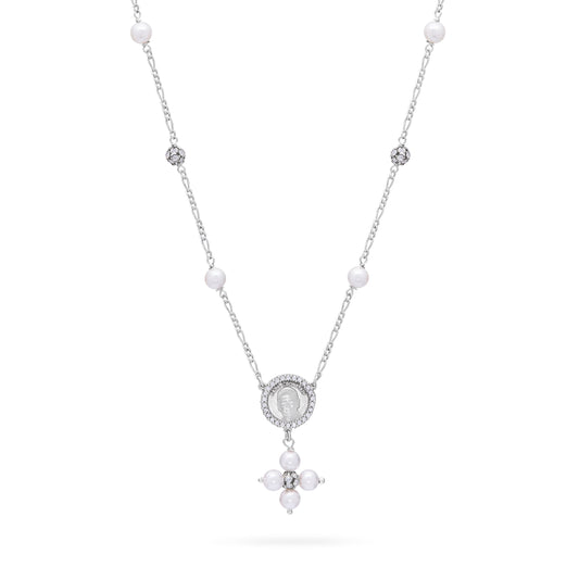 Mondo Cattolico Necklaces 28 cm (11.02 in) / 46 cm (18.11 in) / 6 mm (0.24 in) Sterling Silver Pope Leo XIV Necklace with White Pearls and Rhinestone Beads
