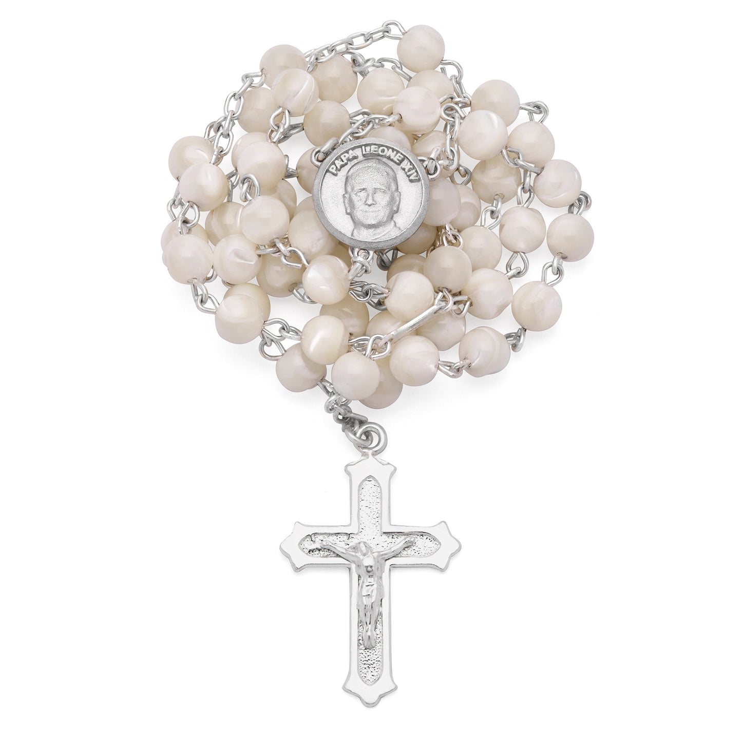 MONDO CATTOLICO ROMA Rosary 46 cm (18.11 in) / 66 cm (10.24 in) / 6 mm (0.24 in) Sterling Silver Pope Leo XIV Rosary with Mother-of-Pearl Beads