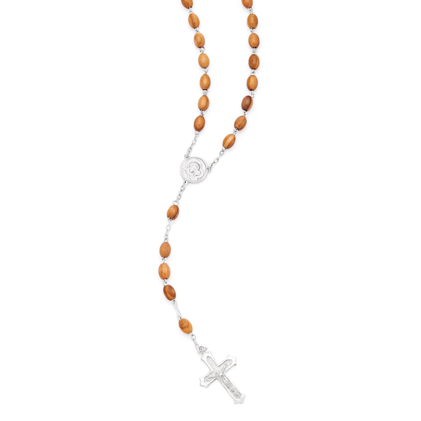 MONDO CATTOLICO ROMA Rosary 50 cm (19.69 in) / 68 cm (26.77 in) / 5 x 7 mm (0.20 x 0.28 in) Sterling Silver Pope Leo XIV Rosary with Oval Olive Wood Beads