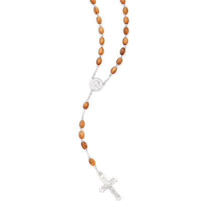 MONDO CATTOLICO ROMA Rosary 50 cm (19.69 in) / 68 cm (26.77 in) / 5 x 7 mm (0.20 x 0.28 in) Sterling Silver Pope Leo XIV Rosary with Oval Olive Wood Beads