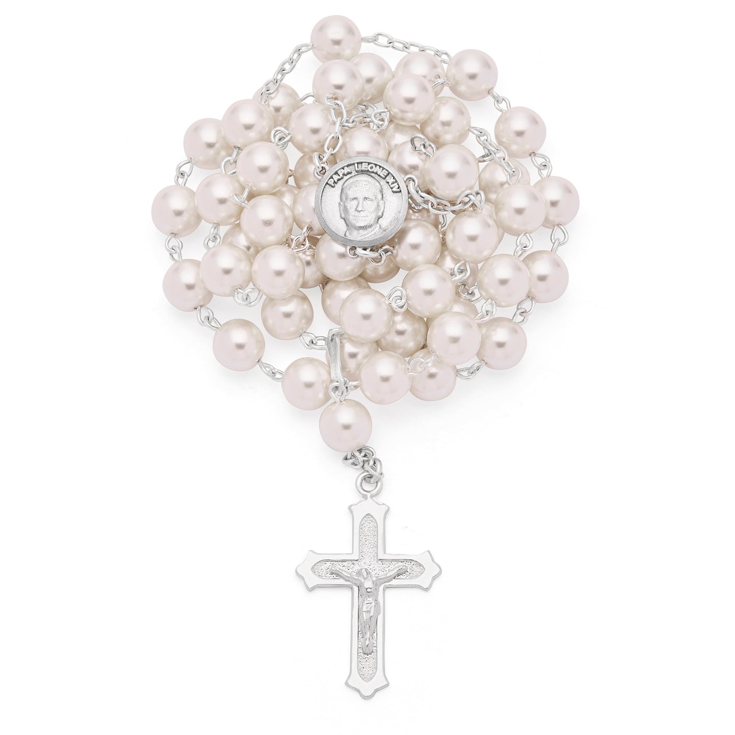 MONDO CATTOLICO ROMA Rosary 53 cm (20.87 in) / 76 cm (29.92 in) / 8 mm (0.31 in) Sterling Silver Pope Leo XIV Rosary with Pearl Beads