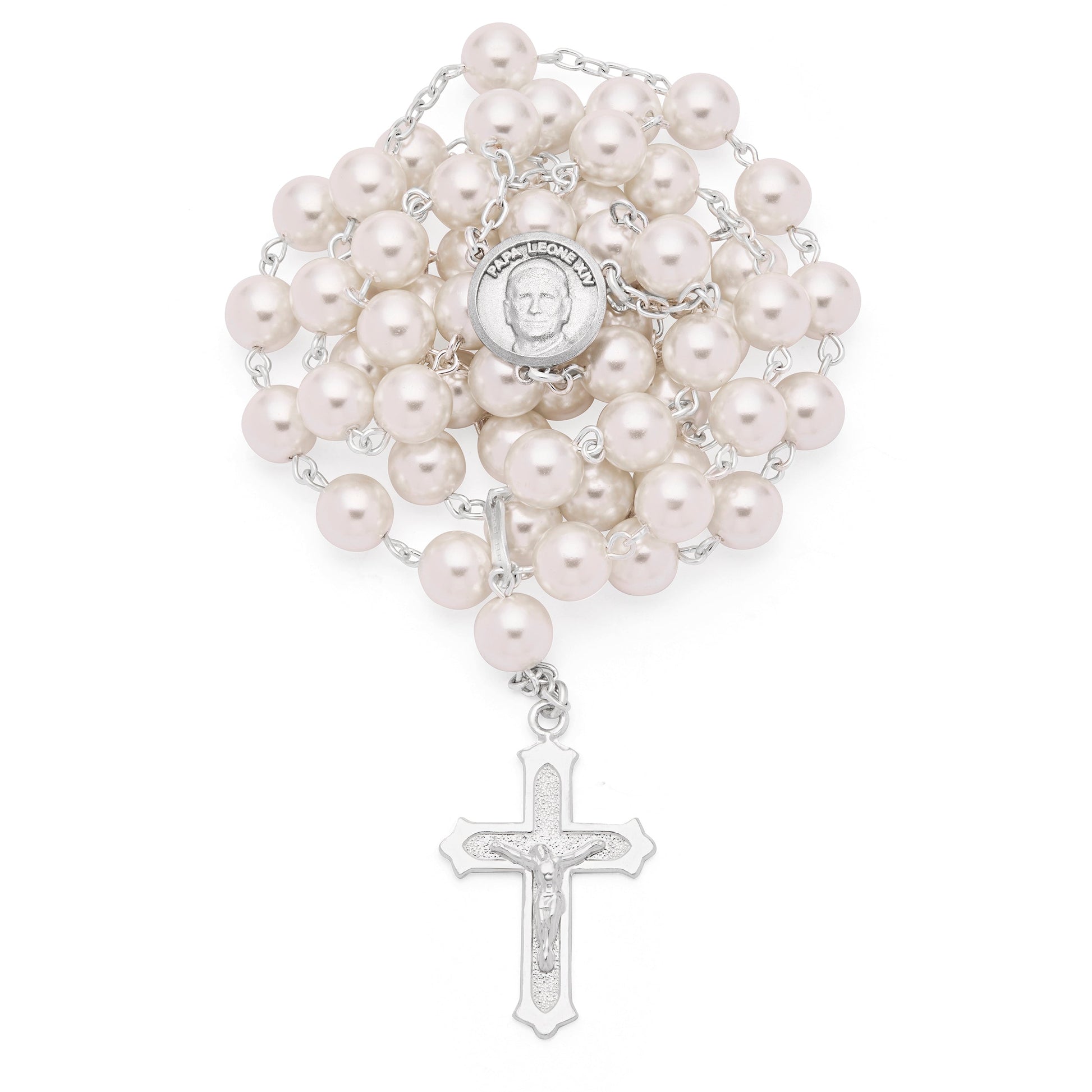 MONDO CATTOLICO ROMA Rosary 53 cm (20.87 in) / 76 cm (29.92 in) / 8 mm (0.31 in) Sterling Silver Pope Leo XIV Rosary with Pearl Beads