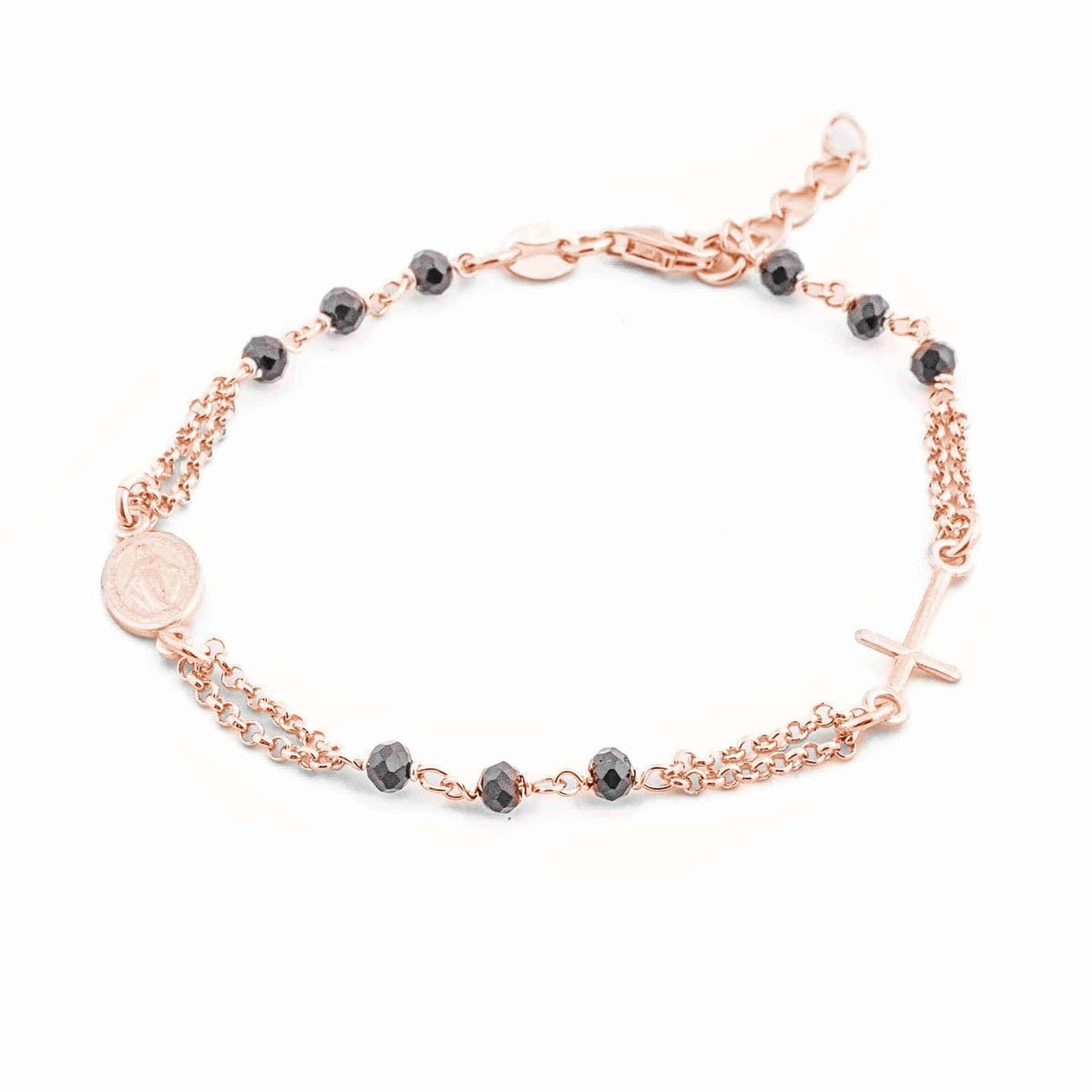 MONDO CATTOLICO Prayer Beads Rose Gold / Cm 17.5 (6.9 in) / Cm 3 (1.2 in) STERLING SILVER ROSARY BRACELET DOUBLE CHAIN BLACK FACETED BEADS