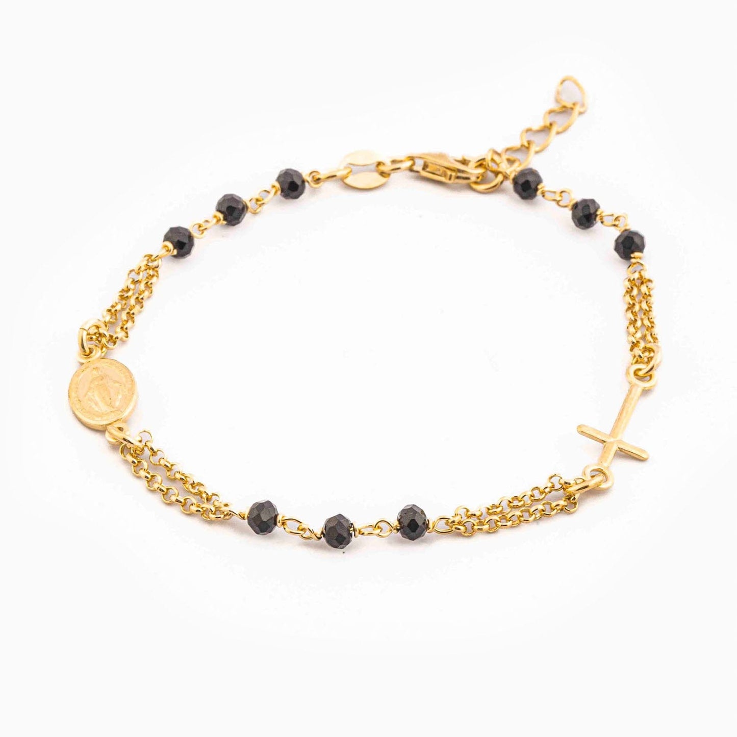 MONDO CATTOLICO Prayer Beads Gold / Cm 17.5 (6.9 in) / Cm 3 (1.2 in) STERLING SILVER ROSARY BRACELET DOUBLE CHAIN BLACK FACETED BEADS