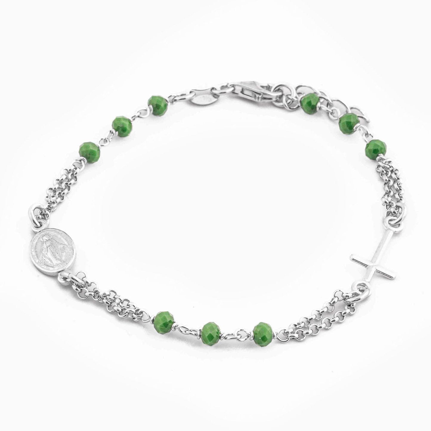 MONDO CATTOLICO Prayer Beads Rhodium / Cm 17.5 (6.9 in) / Cm 3 (1.2 in) STERLING SILVER ROSARY BRACELET DOUBLE CHAIN GREEN FACETED BEADS