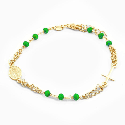 MONDO CATTOLICO Prayer Beads Gold / Cm 17.5 (6.9 in) / Cm 3 (1.2 in) STERLING SILVER ROSARY BRACELET DOUBLE CHAIN GREEN FACETED BEADS