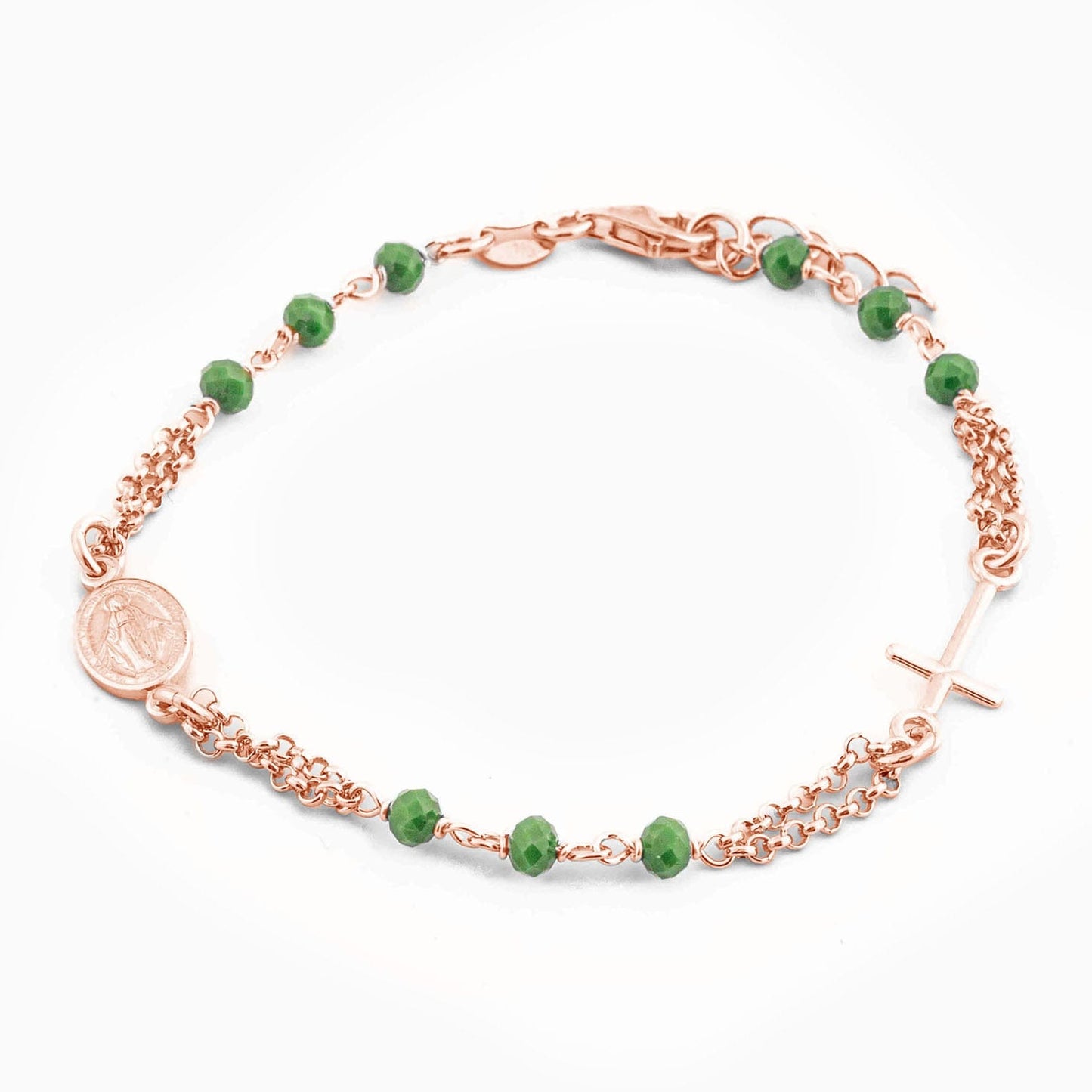 MONDO CATTOLICO Prayer Beads Rose Gold / Cm 17.5 (6.9 in) / Cm 3 (1.2 in) STERLING SILVER ROSARY BRACELET DOUBLE CHAIN GREEN FACETED BEADS