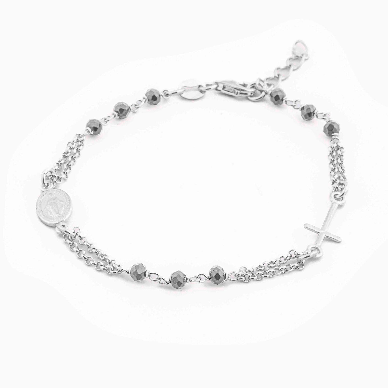 MONDO CATTOLICO Prayer Beads Rhodium / Cm 17.5 (6.9 in) / Cm 3 (1.2 in) STERLING SILVER ROSARY BRACELET DOUBLE CHAIN GREY FACETED BEADS