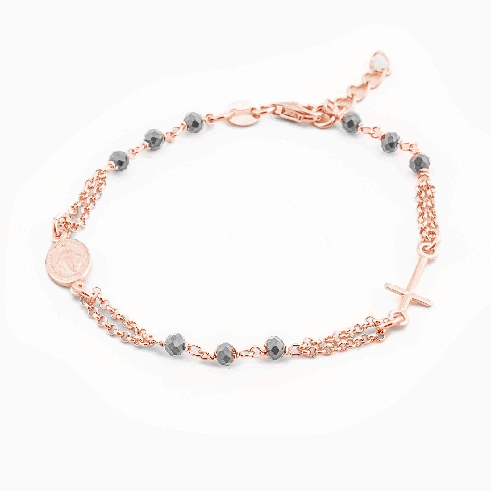 MONDO CATTOLICO Prayer Beads Rose Gold / Cm 17.5 (6.9 in) / Cm 3 (1.2 in) STERLING SILVER ROSARY BRACELET DOUBLE CHAIN GREY FACETED BEADS