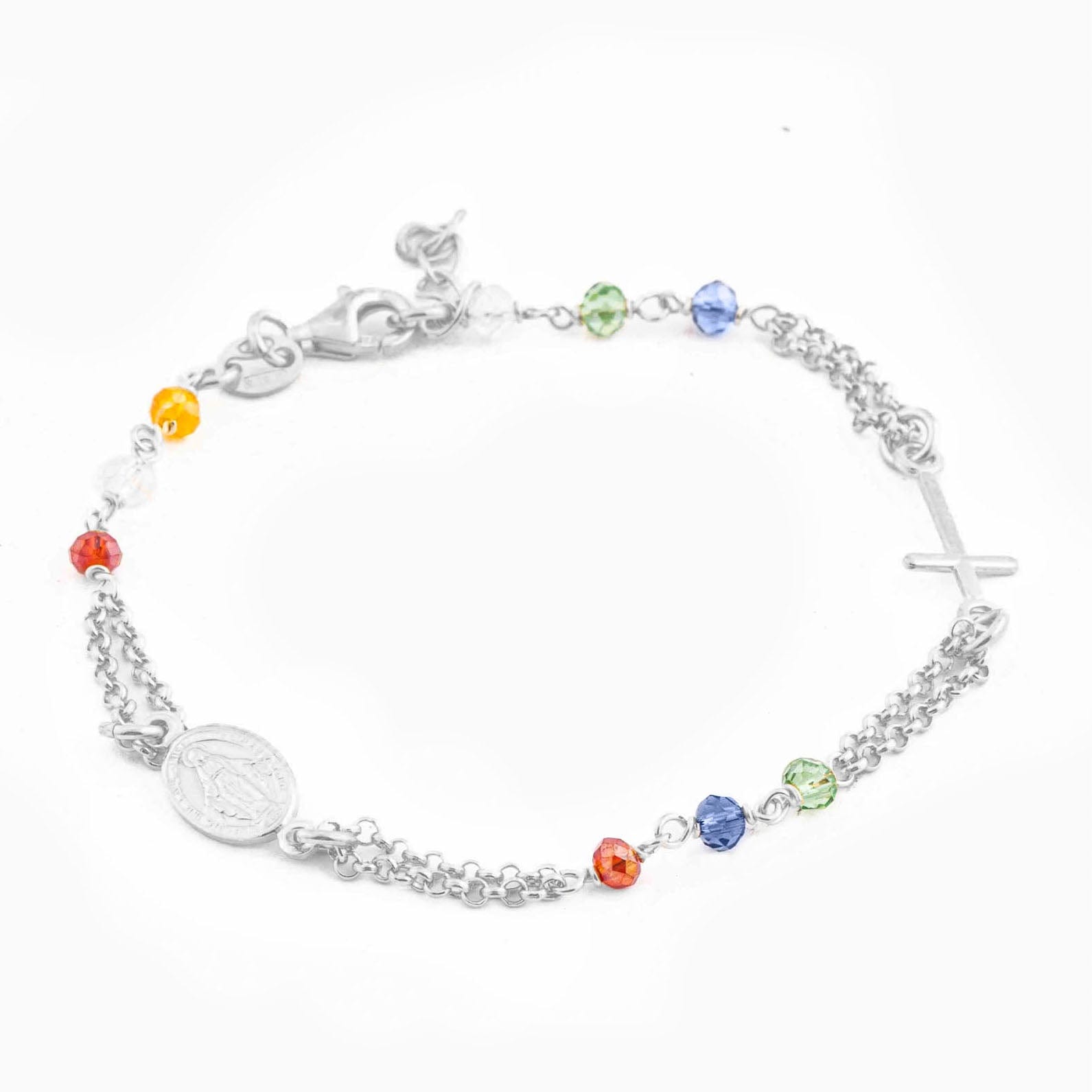 MONDO CATTOLICO Prayer Beads Rhodium / Cm 17.5 (6.9 in) / Cm 3 (1.2 in) STERLING SILVER ROSARY BRACELET DOUBLE CHAIN MULTICOLOR FACETED BEADS