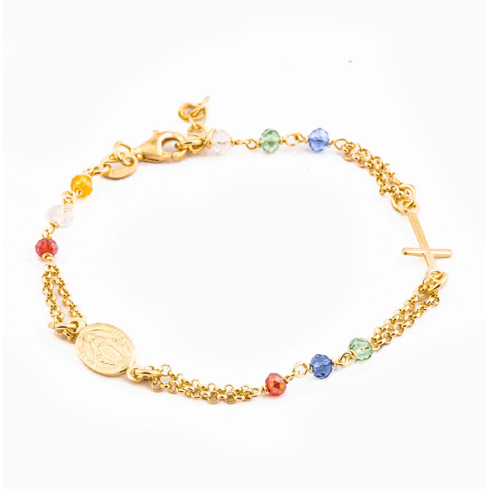 MONDO CATTOLICO Prayer Beads Gold / Cm 17.5 (6.9 in) / Cm 3 (1.2 in) STERLING SILVER ROSARY BRACELET DOUBLE CHAIN MULTICOLOR FACETED BEADS