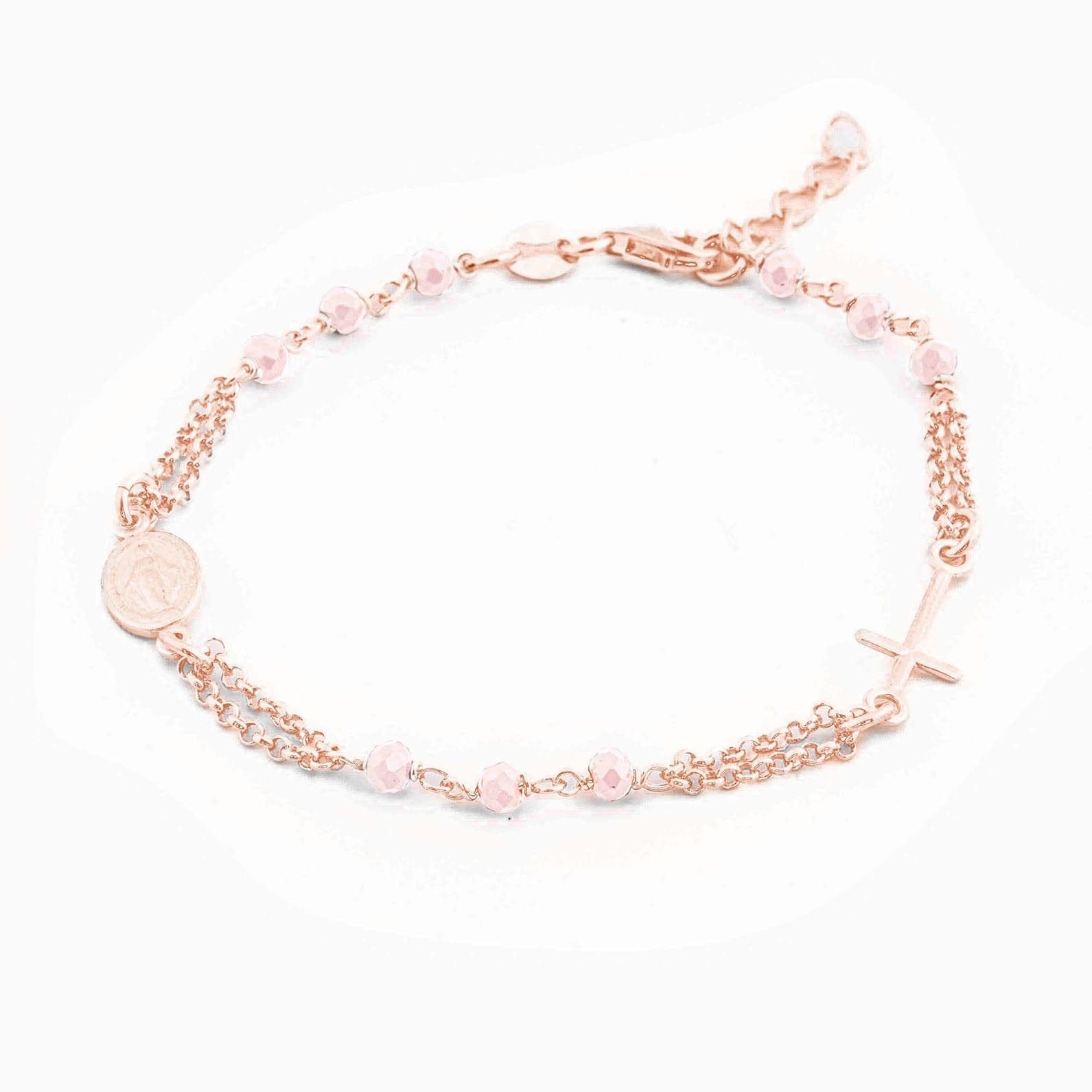 MONDO CATTOLICO Prayer Beads Rose Gold / Cm 17.5 (6.9 in) / Cm 3 (1.2 in) STERLING SILVER ROSARY BRACELET DOUBLE CHAIN ROSE FACETED BEADS