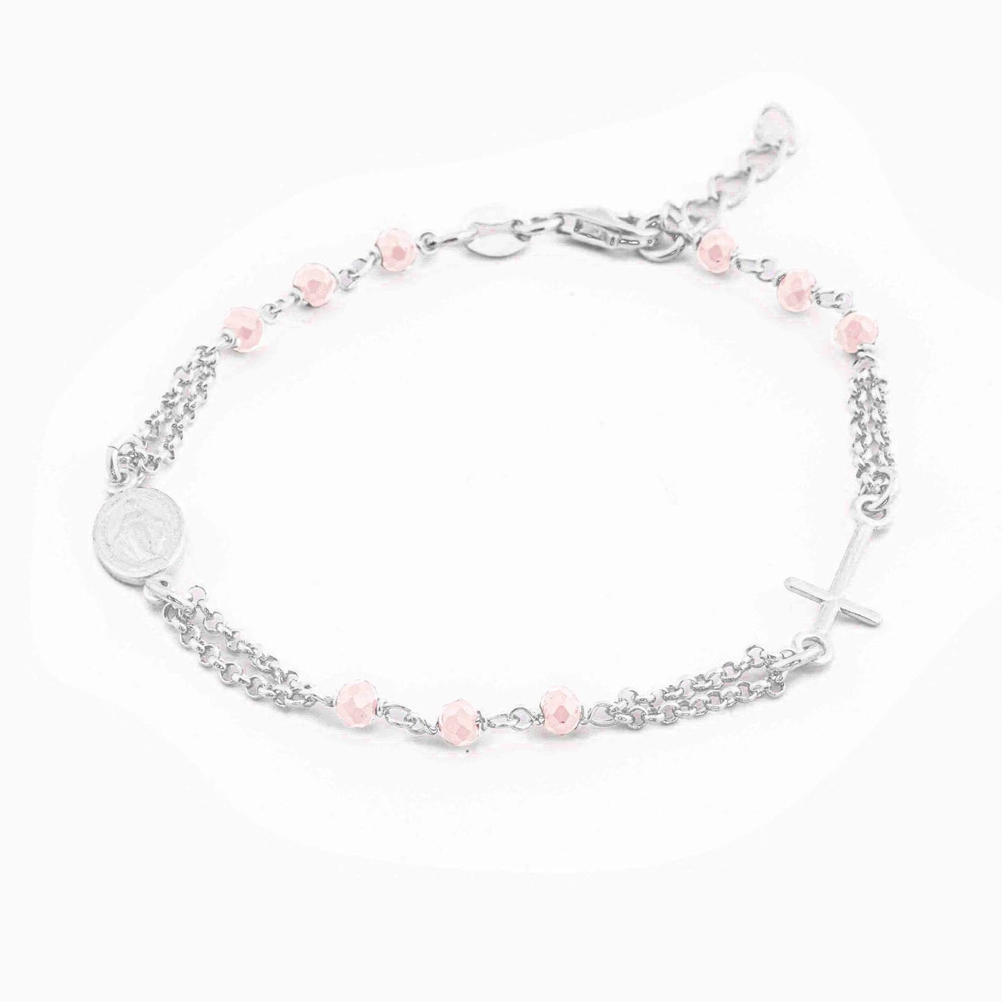 MONDO CATTOLICO Prayer Beads Rhodium / Cm 17.5 (6.9 in) / Cm 3 (1.2 in) STERLING SILVER ROSARY BRACELET DOUBLE CHAIN ROSE FACETED BEADS