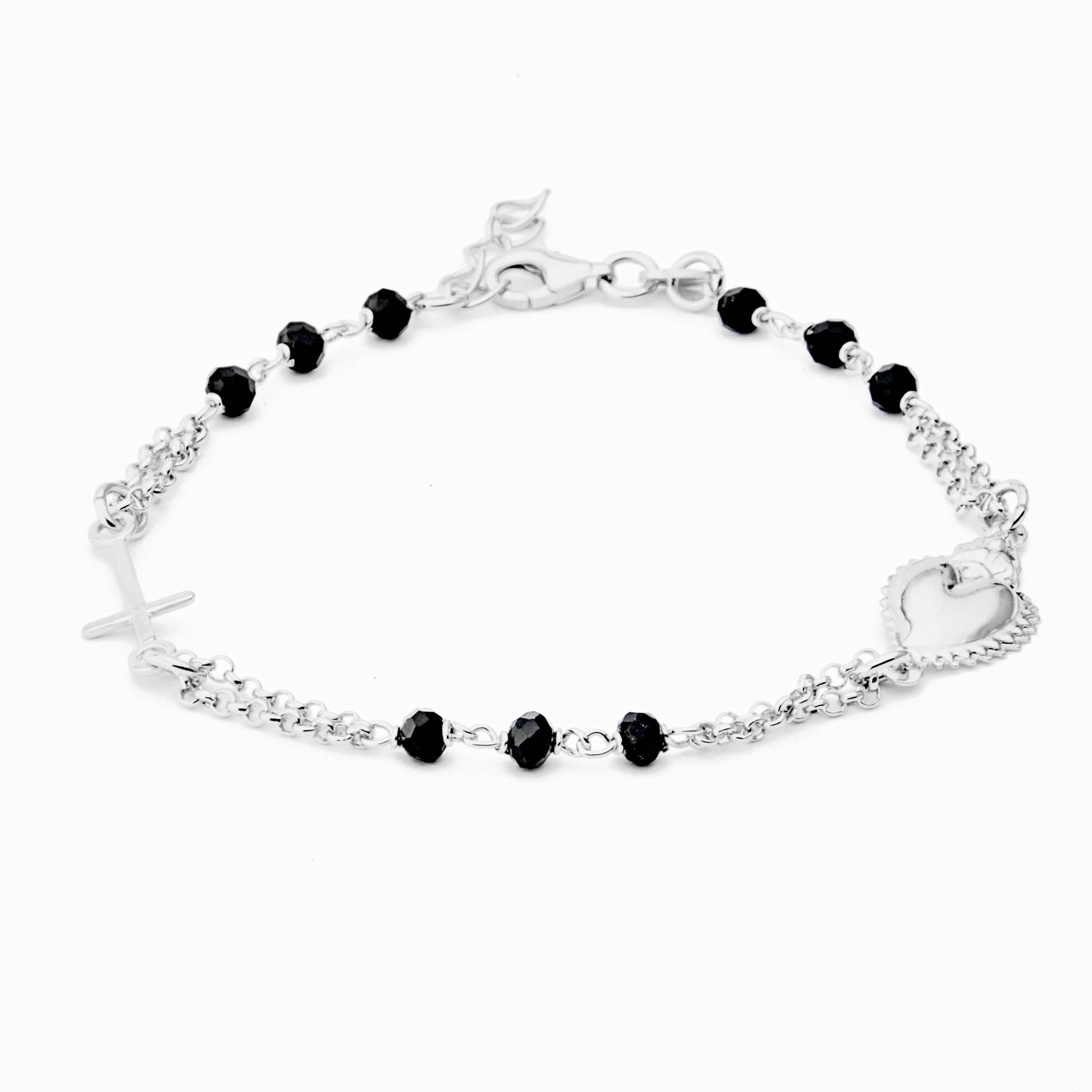 MONDO CATTOLICO Prayer Beads Rhodium / Cm 17.5 (6.9 in) / Cm 3 (1.2 in) STERLING SILVER ROSARY BRACELET SACRED HEART BLACK FACETED BEADS