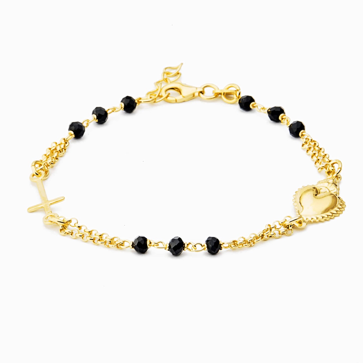 MONDO CATTOLICO Prayer Beads Gold / Cm 17.5 (6.9 in) / Cm 3 (1.2 in) STERLING SILVER ROSARY BRACELET SACRED HEART BLACK FACETED BEADS