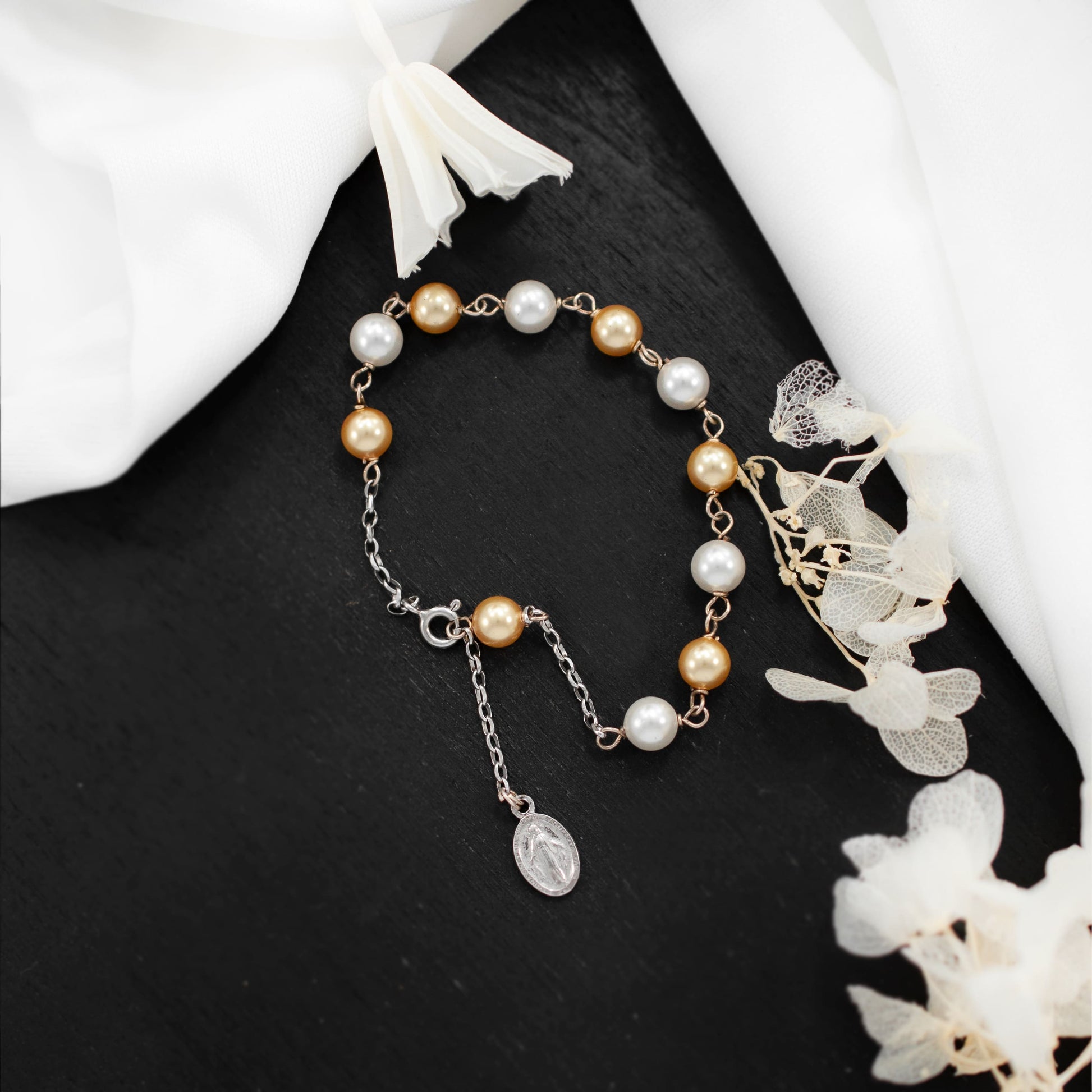MONDO CATTOLICO Prayer Beads Adjustable Sterling Silver Rosary Bracelet Swarovski Crystal Pearls White and Gold Beads