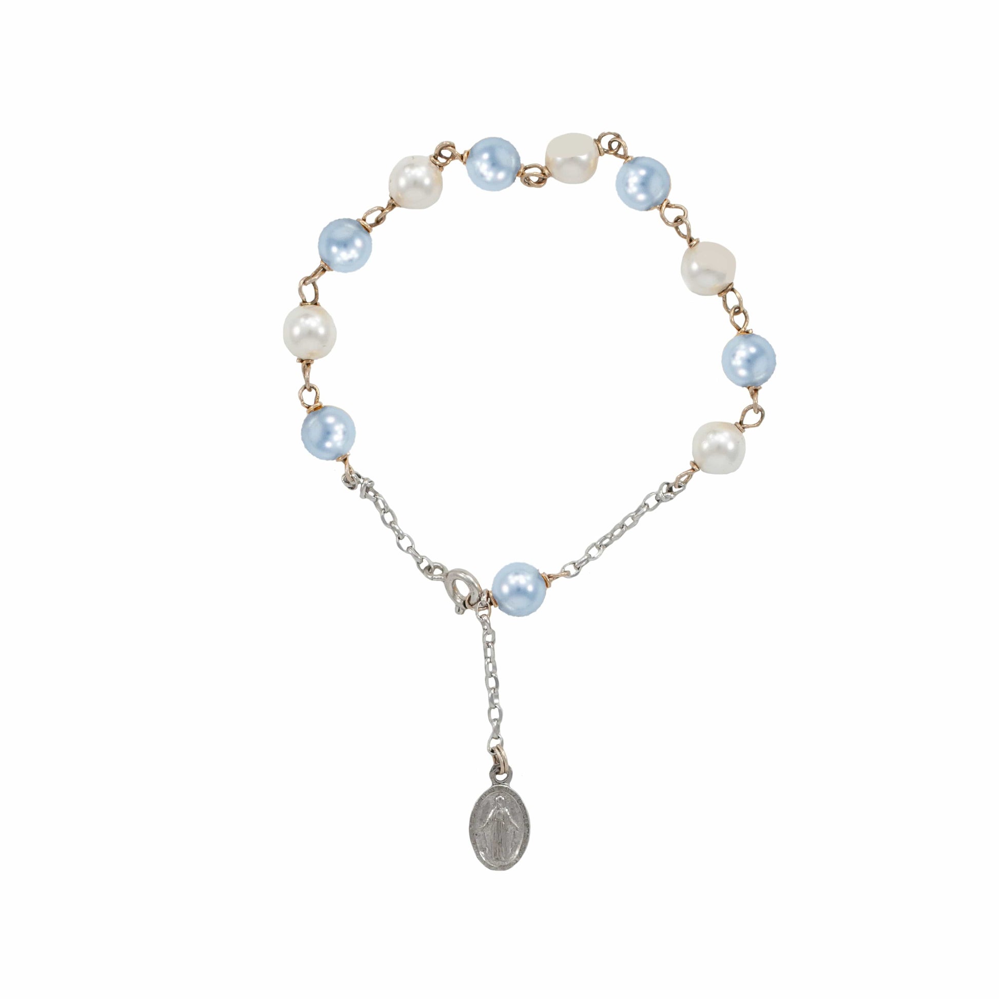 MONDO CATTOLICO Prayer Beads Adjustable Sterling Silver Rosary Bracelet Swarovski Crystal White and Light Blue Beads