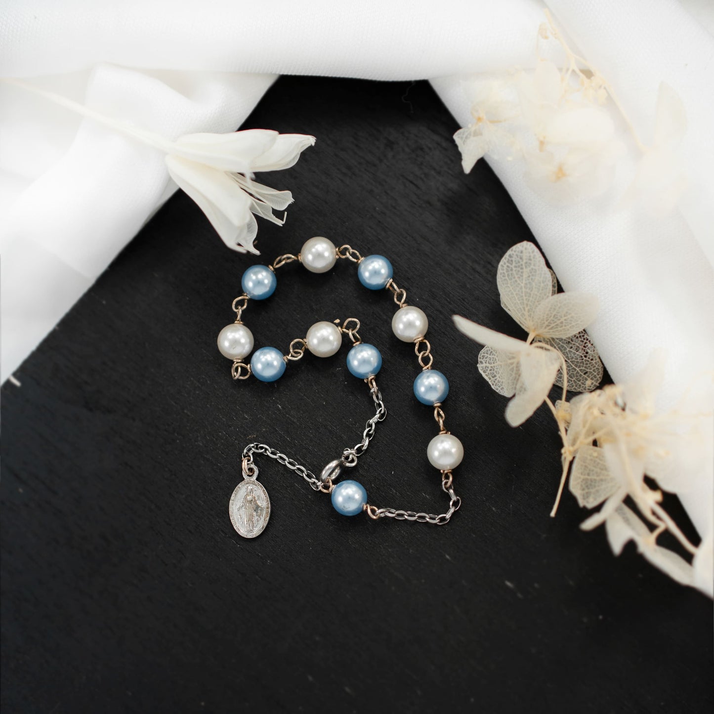 MONDO CATTOLICO Prayer Beads Adjustable Sterling Silver Rosary Bracelet Swarovski Crystal White and Light Blue Beads