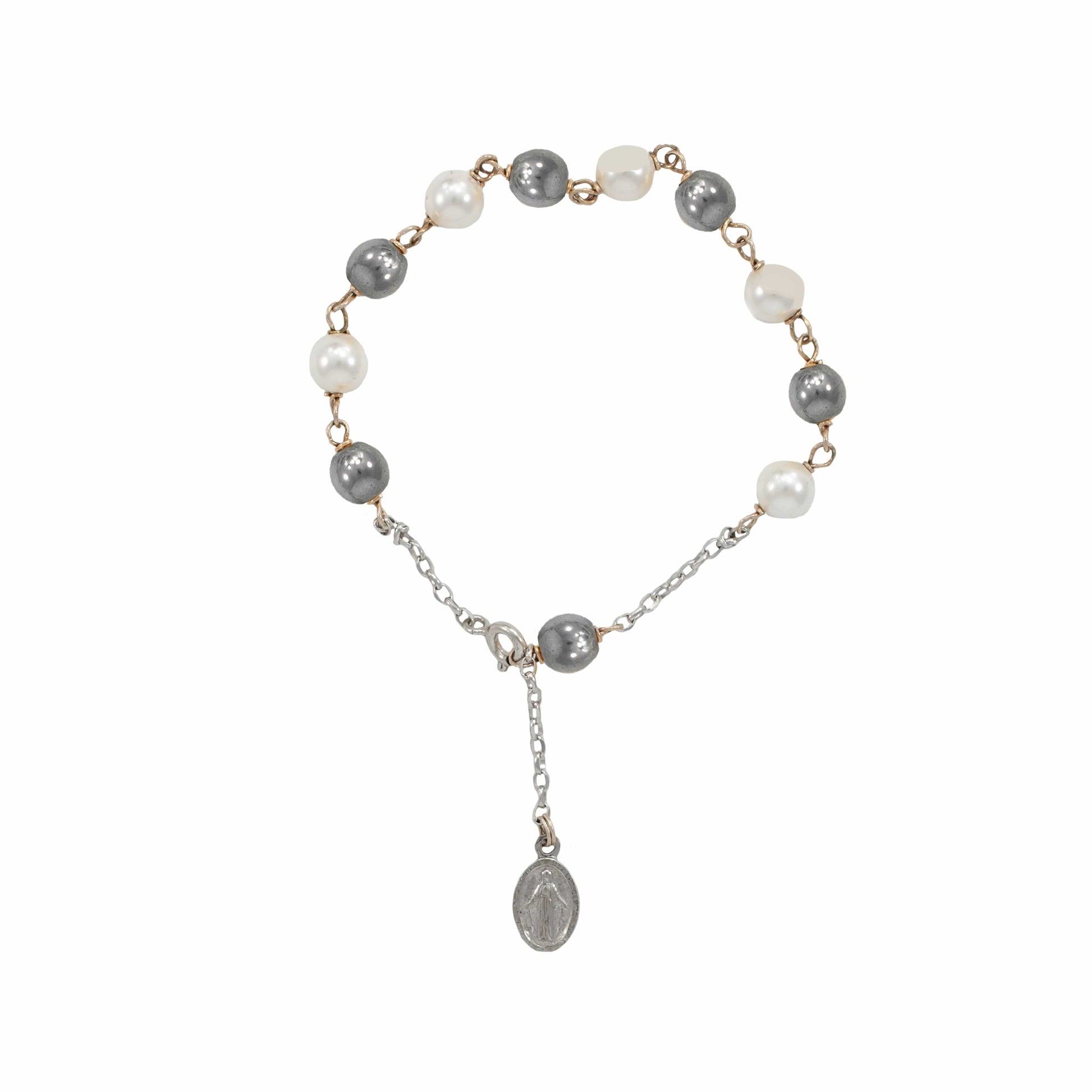 MONDO CATTOLICO Prayer Beads Adjustable Sterling Silver Rosary Bracelet Swarovski Crystal White Pearl and Hematite Beads