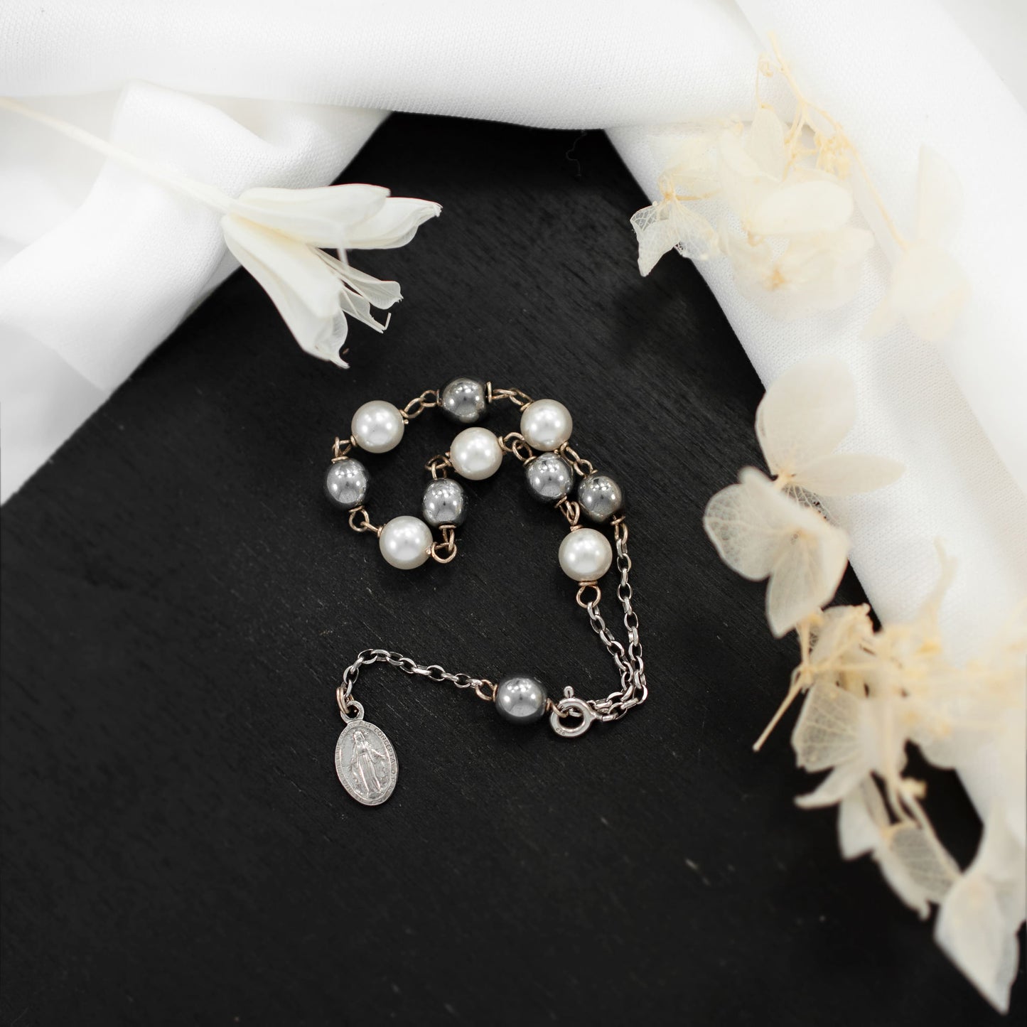 MONDO CATTOLICO Prayer Beads Adjustable Sterling Silver Rosary Bracelet Swarovski Crystal White Pearl and Hematite Beads