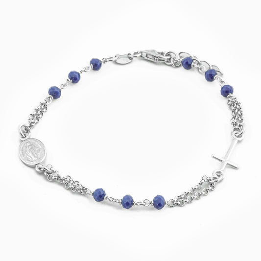 MONDO CATTOLICO Prayer Beads Rhodium and Blue / Cm 17.5 (6.9 in) STERLING SILVER ROSARY BRACELET SYNTHETIC PEARL FACETED BEADS