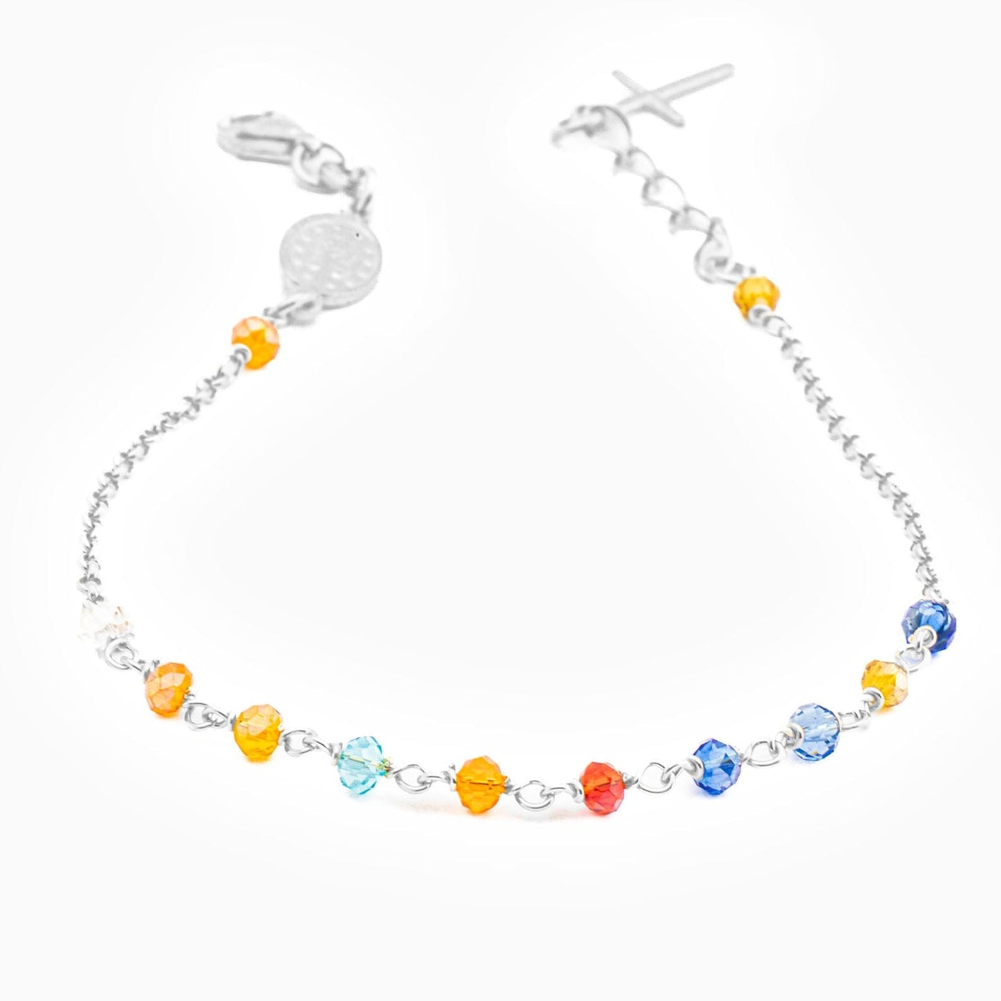 MONDO CATTOLICO Prayer Beads Rhodium e Multicolor Beads / Cm 17.5 (6.9 in) STERLING SILVER ROSARY BRACELET WITH MIRACULOUS MEDAL AND CROSS FACETED BEADS