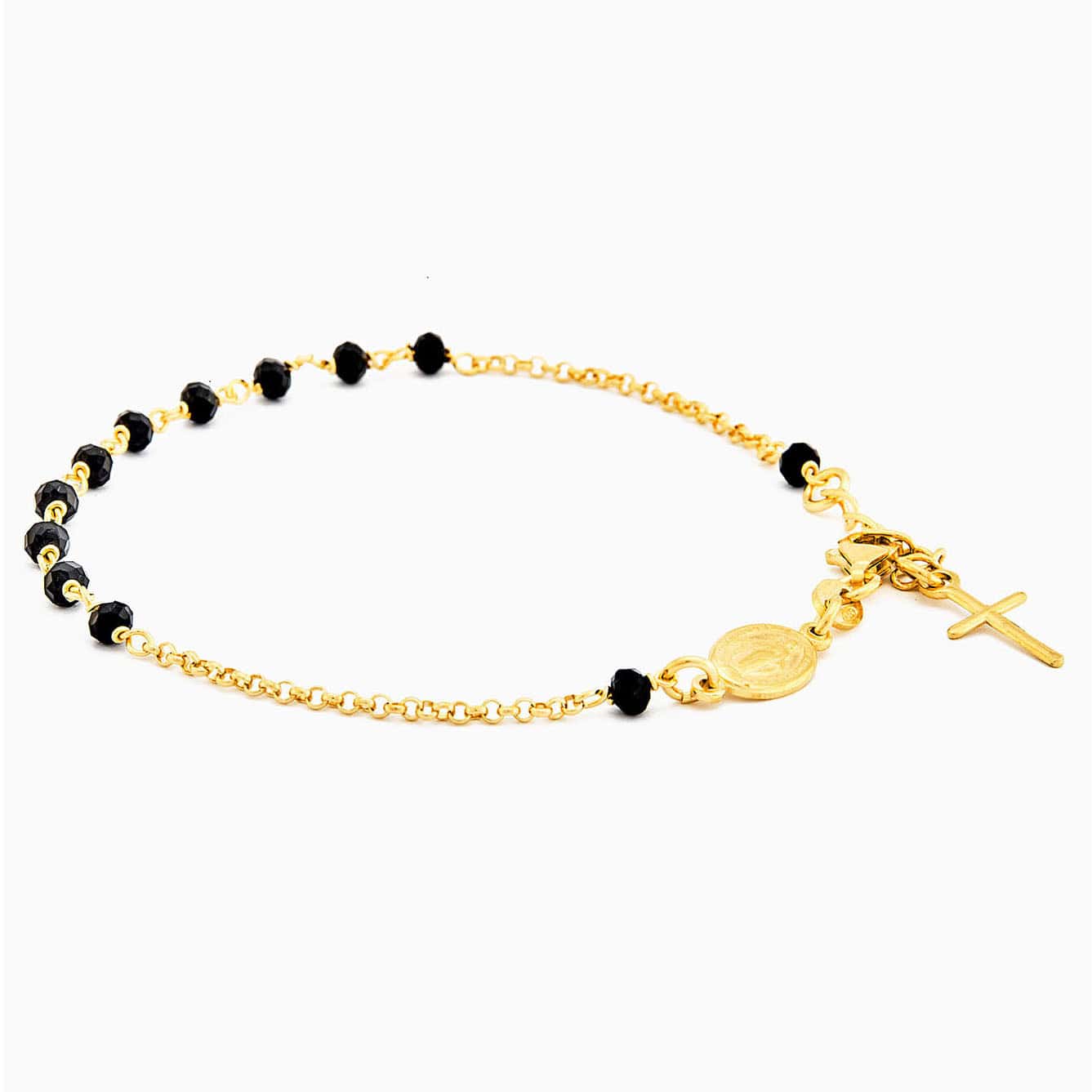 MONDO CATTOLICO Prayer Beads Gold e Black Beads / Cm 17.5 (6.9 in) STERLING SILVER ROSARY BRACELET WITH MIRACULOUS MEDAL AND CROSS FACETED BEADS