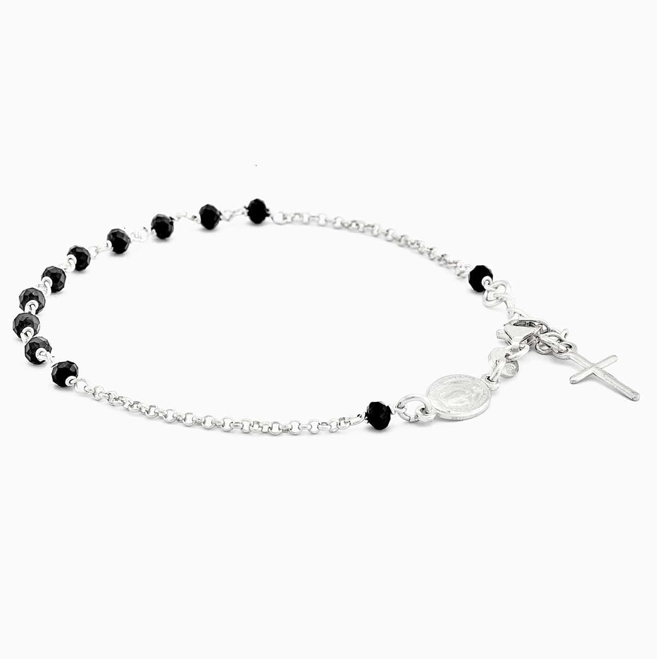 MONDO CATTOLICO Prayer Beads Rhodium e Black Beads / Cm 17.5 (6.9 in) STERLING SILVER ROSARY BRACELET WITH MIRACULOUS MEDAL AND CROSS FACETED BEADS