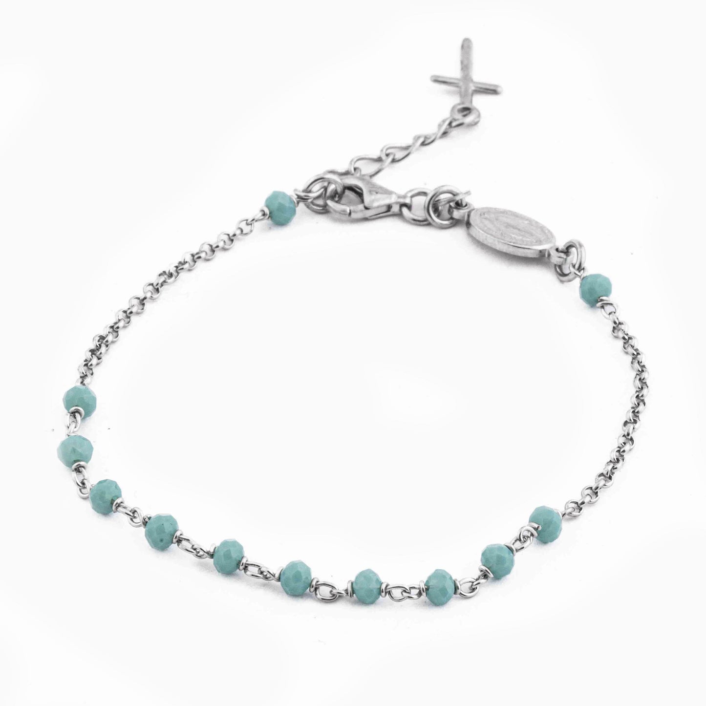 MONDO CATTOLICO Prayer Beads Rhodium e Turquoise Beads / Cm 17.5 (6.9 in) STERLING SILVER ROSARY BRACELET WITH MIRACULOUS MEDAL AND CROSS FACETED BEADS