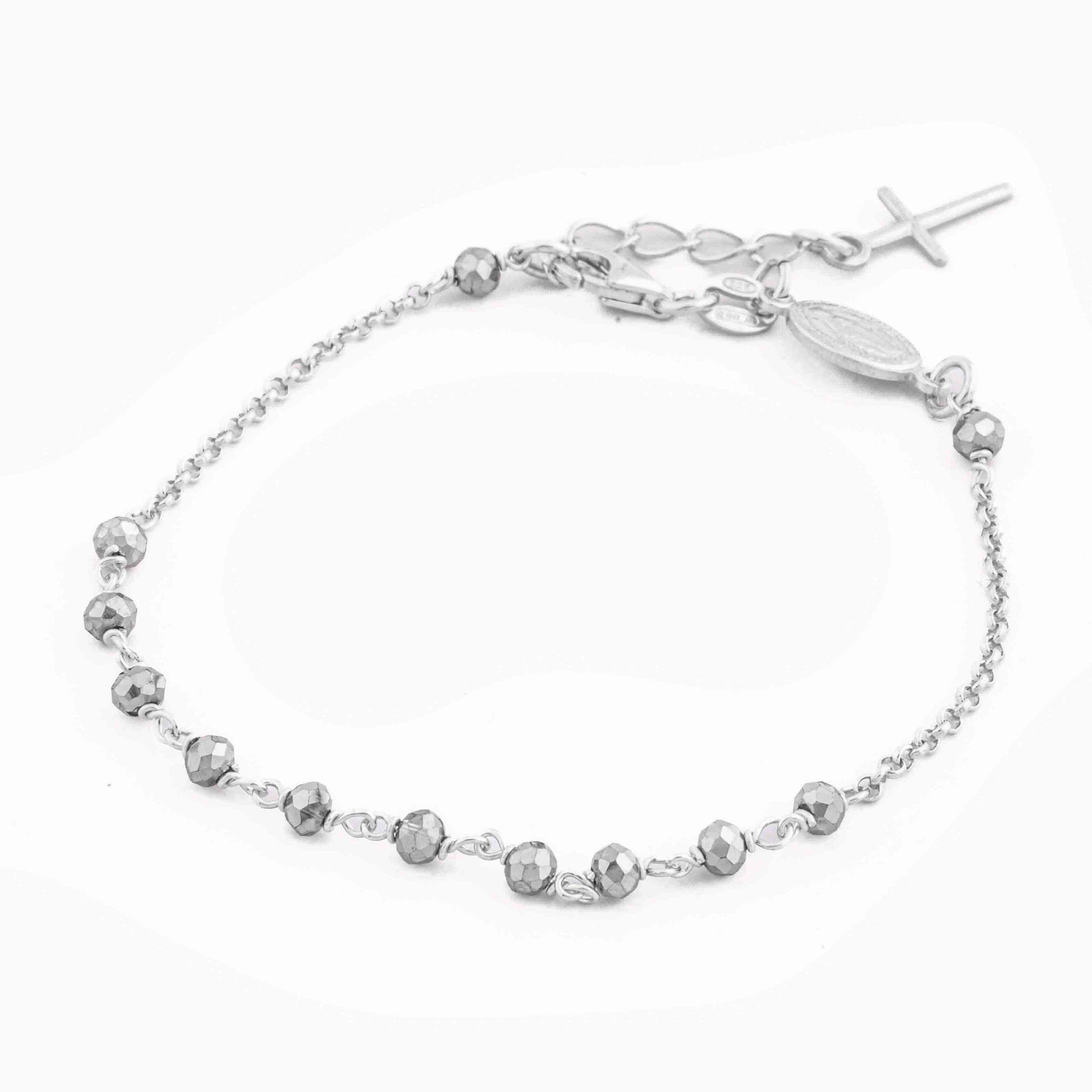 MONDO CATTOLICO Prayer Beads Rhodium and Grey / Cm 17.5 ( 6.9 in) STERLING SILVER ROSARY BRACELET WITH MIRACULOUS MEDAL AND CROSS FACETED BEADS
