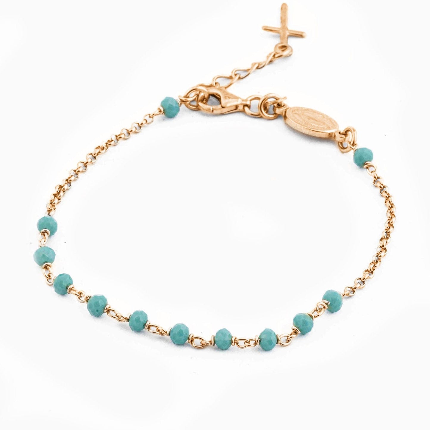 MONDO CATTOLICO Prayer Beads Rose Gold e Turquoise Beads / Cm 17.5 (6.9 in) STERLING SILVER ROSARY BRACELET WITH MIRACULOUS MEDAL AND CROSS FACETED BEADS