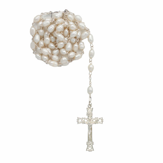 MONDO CATTOLICO Prayer Beads Sterling Silver Rosary Freshwater White Pearls
