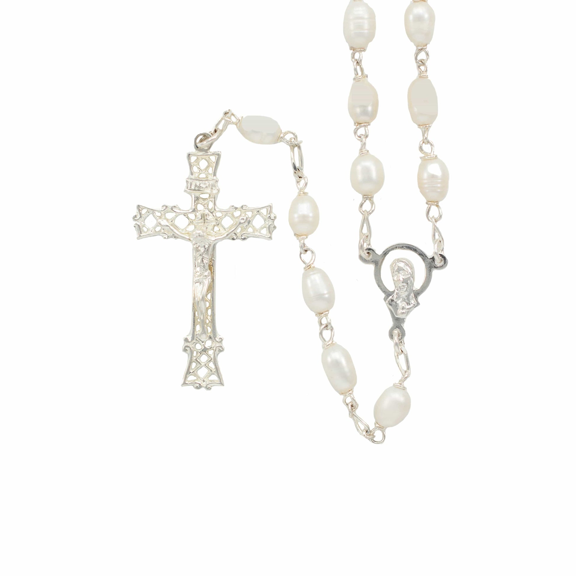 MONDO CATTOLICO Prayer Beads Sterling Silver Rosary Freshwater White Pearls