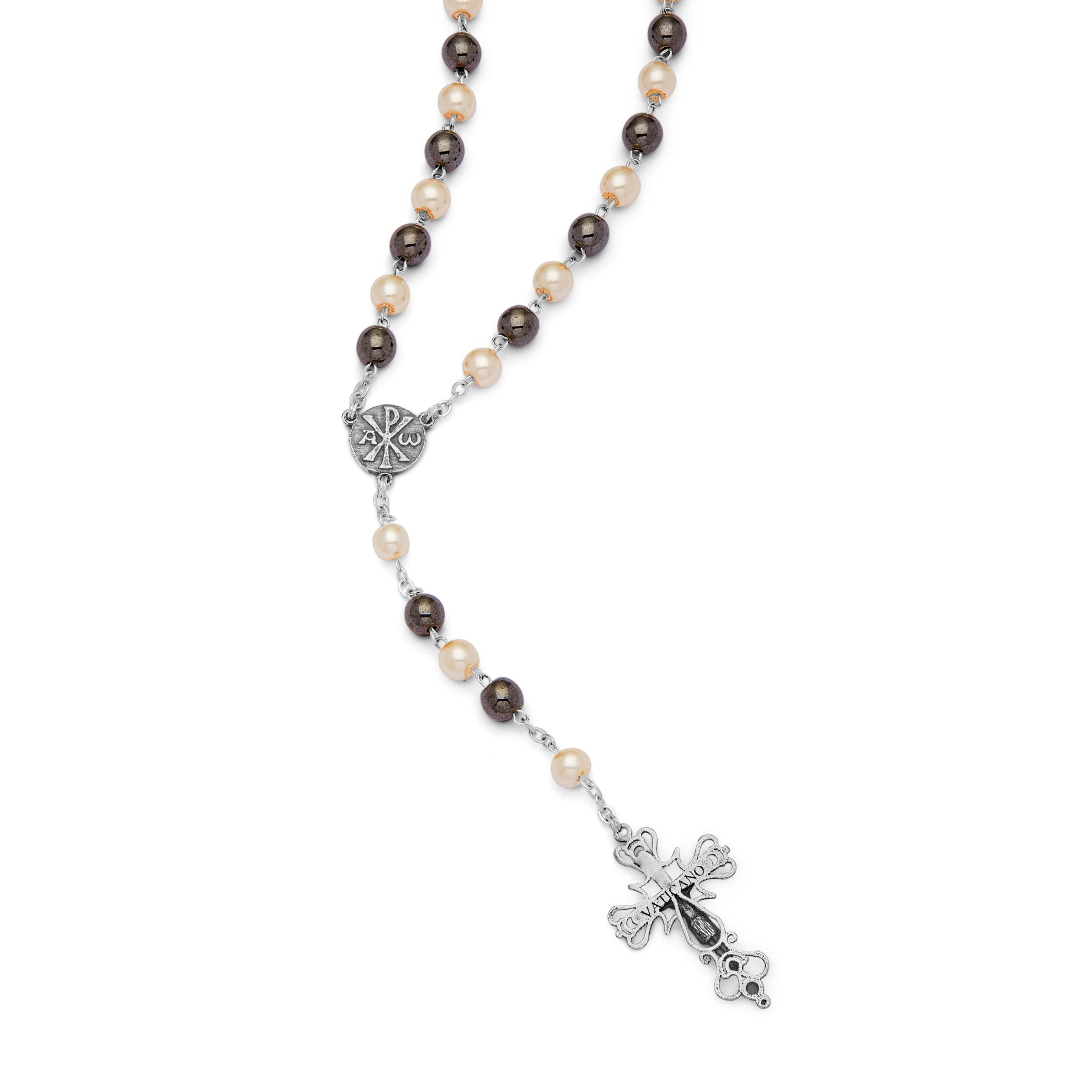 MONDO CATTOLICO Prayer Beads Sterling Silver Rosary Glass Pearl and Hematite Beads